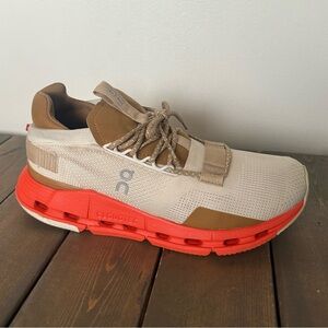 On Running Womens Tan and Red Athletic Shoes// pecan/flame 8.5